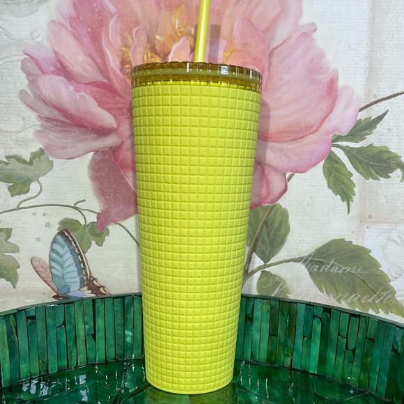 New Starbucks 2023 Matte Meadow Yellow Soft Touch Disco Grid Cold Cup Tumbler - Picture 2 of 3